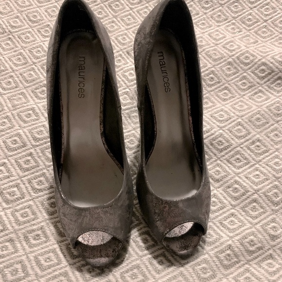 Metallic Pewter Peep Toe Heels - Picture 2 of 12